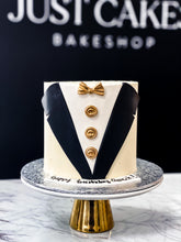 Load image into Gallery viewer, Size: 6&quot; one tier. Icing exterior: white. Suit color: black.
