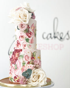 Size: 4-6" two tier. Icing exterior: pale pink. Accents: dark red, greenery. 